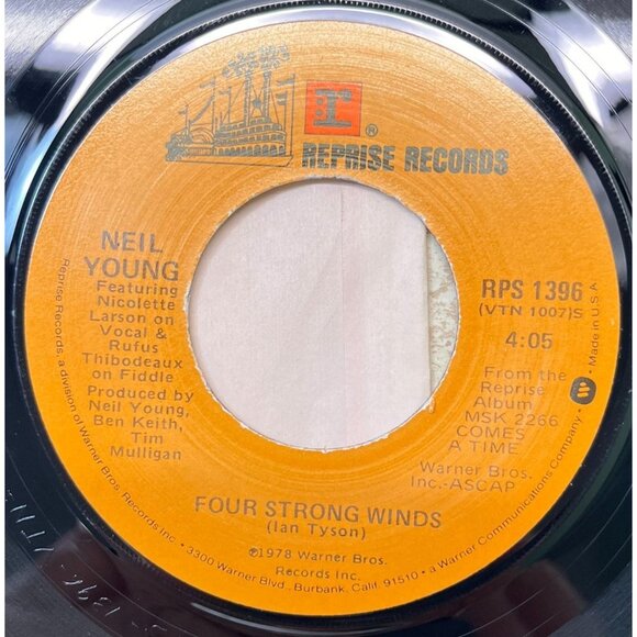 Neil Young Human Highway / Four Strong Winds 45 Rock 1978 Reprise 1396 VG+ - Picture 2 of 6